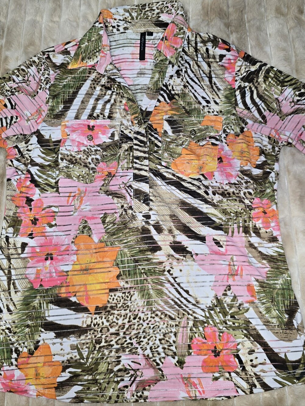 Floral Tropical Print Short Sleeve Women's Top - Pink & Orange